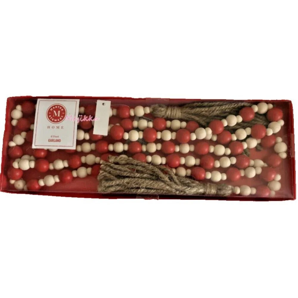 Martha Stewart Christmas Garland Red Wooden Beads Jute Tassels 6 Feet Long